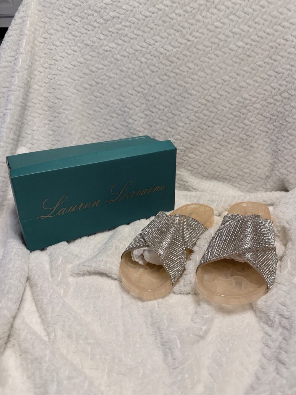 Lauren Lorraine Womens Nude Silver Jeweled Jelly Slides Slip On Sandals Size 8